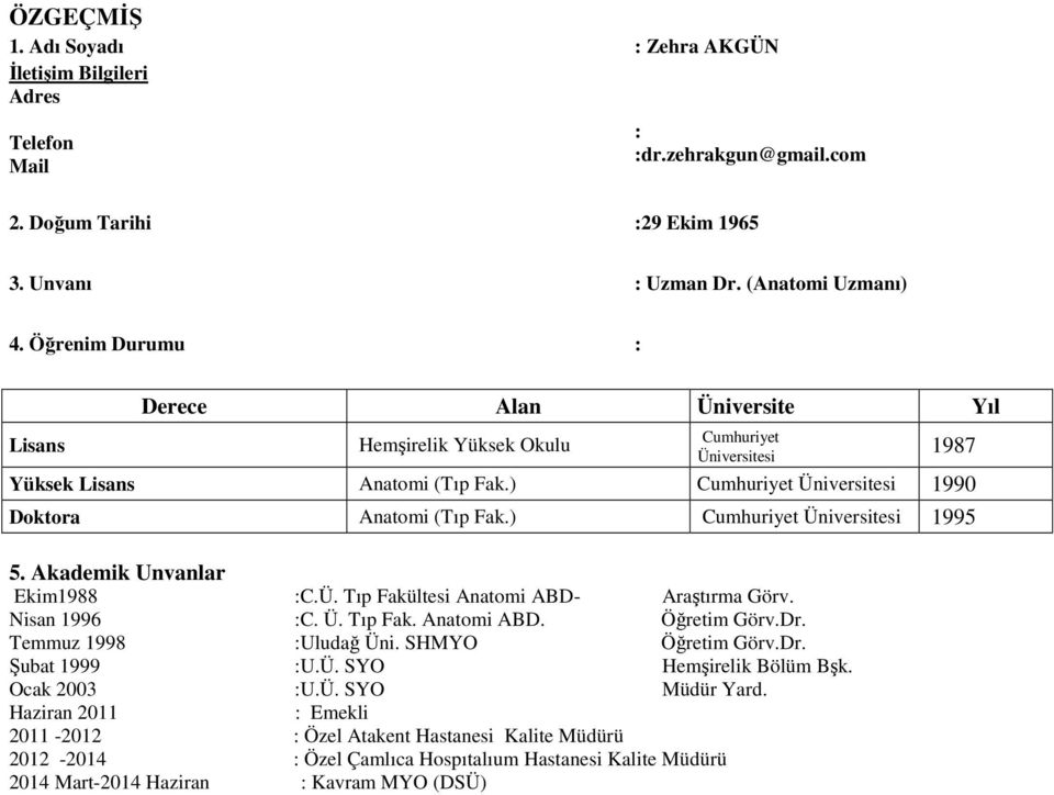 ) Cumhuriyet Üniversitesi 1995 5. Akademik Unvanlar Ekim1988 :C.Ü. Tıp Fakültesi Anatomi ABD- Araştırma Görv. Nisan 1996 :C. Ü. Tıp Fak. Anatomi ABD. Öğretim Görv.Dr. Temmuz 1998 :Uludağ Üni.