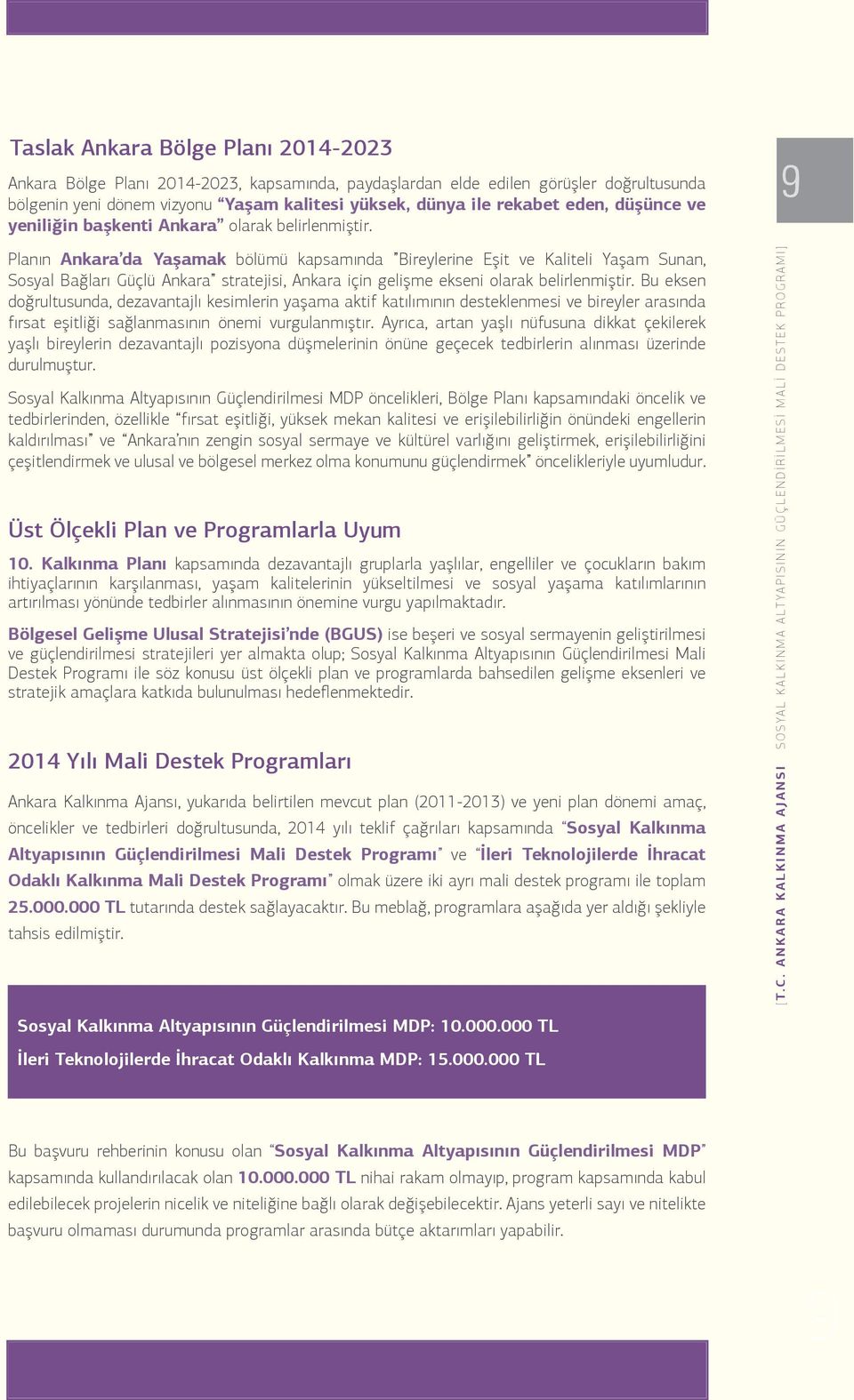 9 Planın Ankara da Yaşamak bölümü kapsamında Bireylerine Eşit ve Kaliteli Yaşam Sunan, Sosyal Bağları Güçlü Ankara stratejisi, Ankara için gelişme ekseni olarak belirlenmiştir.