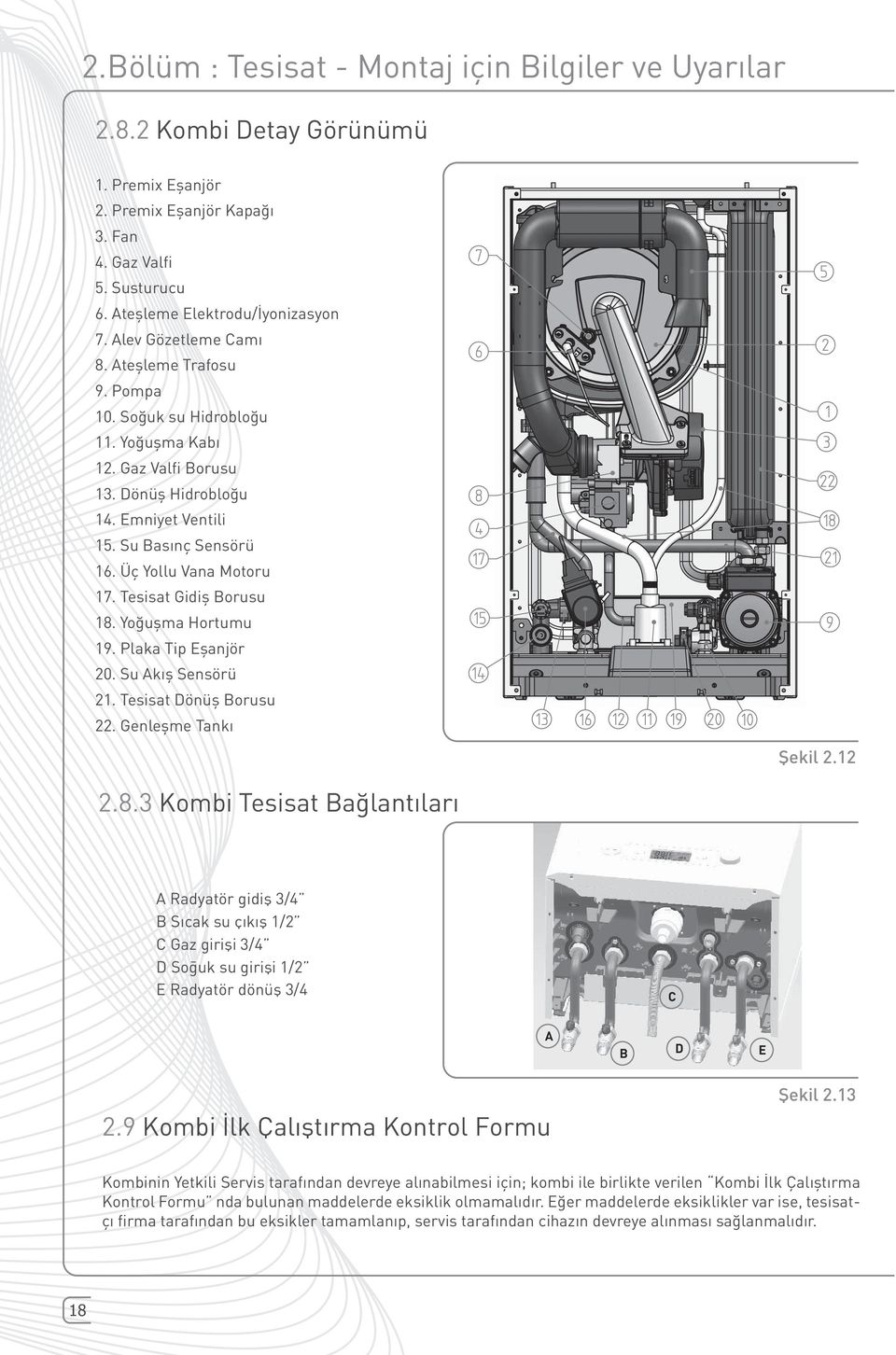 Tesisat Dönüş Borusu 22. Genleşme Tankı 2.8.3 Kombi Tesisat Bağlantıları C A B D E 2.