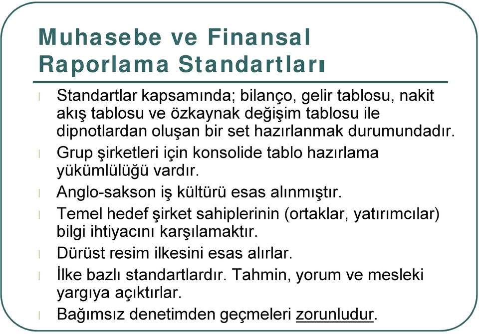 Anglo-sakson iş kültürü esas alınmıştır. Temel hedef şirket sahiplerinin (ortaklar, yatırımcılar) bilgi ihtiyacını karşılamaktır.