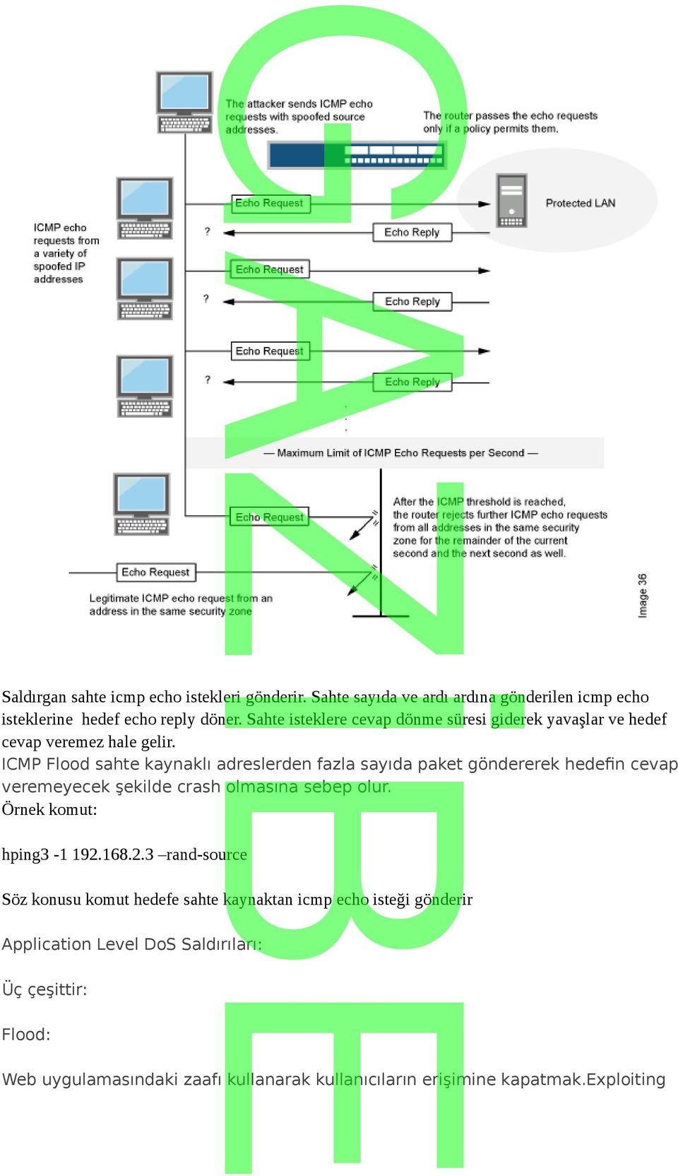 ICMP Flood sahte kaynaklı adreslerden fazla sayıda paket göndererek hedefin cevap veremeyecek şekilde crash olmasına sebep olur. hping3-1 192.168.