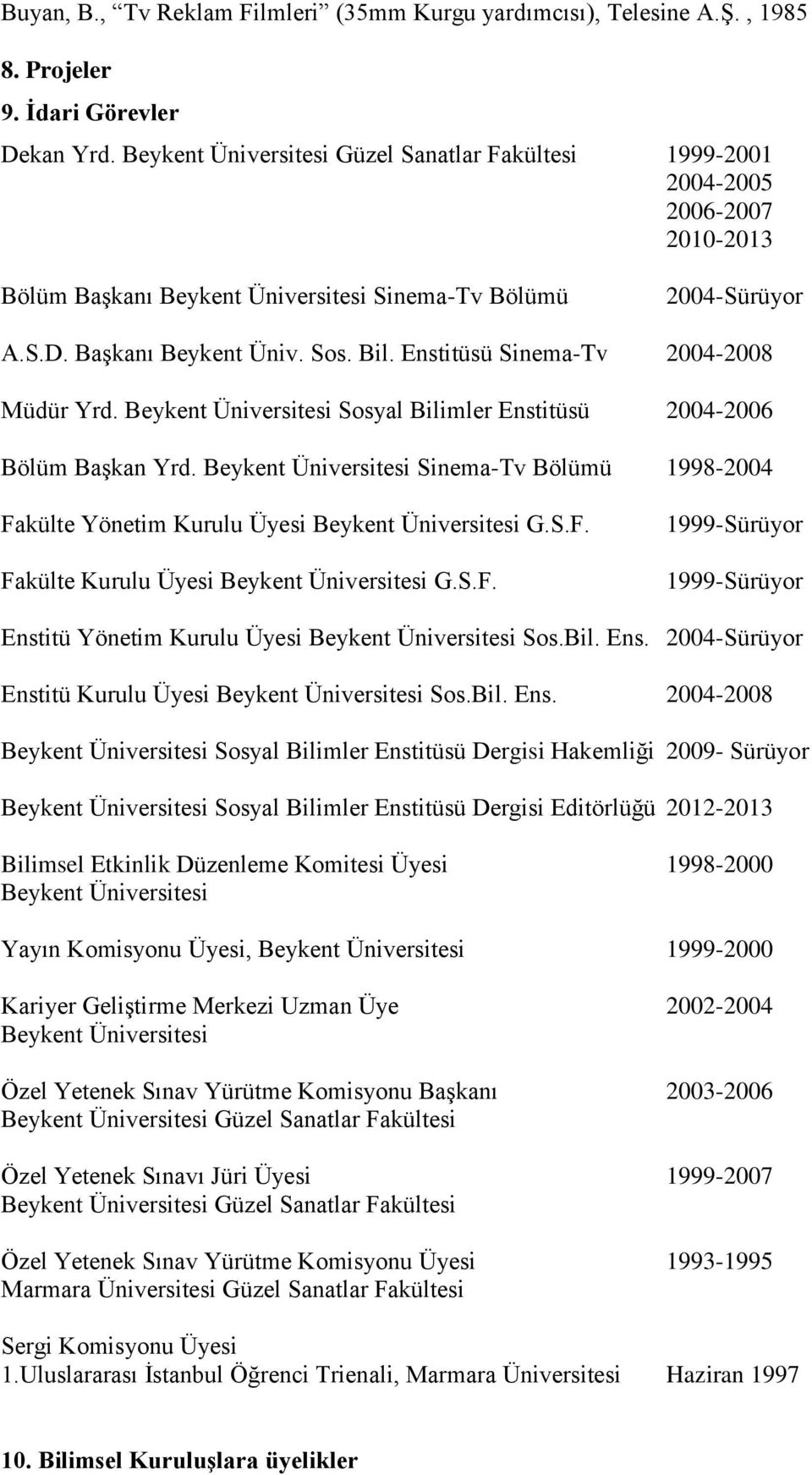 Enstitüsü Sinema-Tv 2004-2008 Müdür Yrd. Beykent Üniversitesi Sosyal Bilimler Enstitüsü 2004-2006 Bölüm Başkan Yrd.