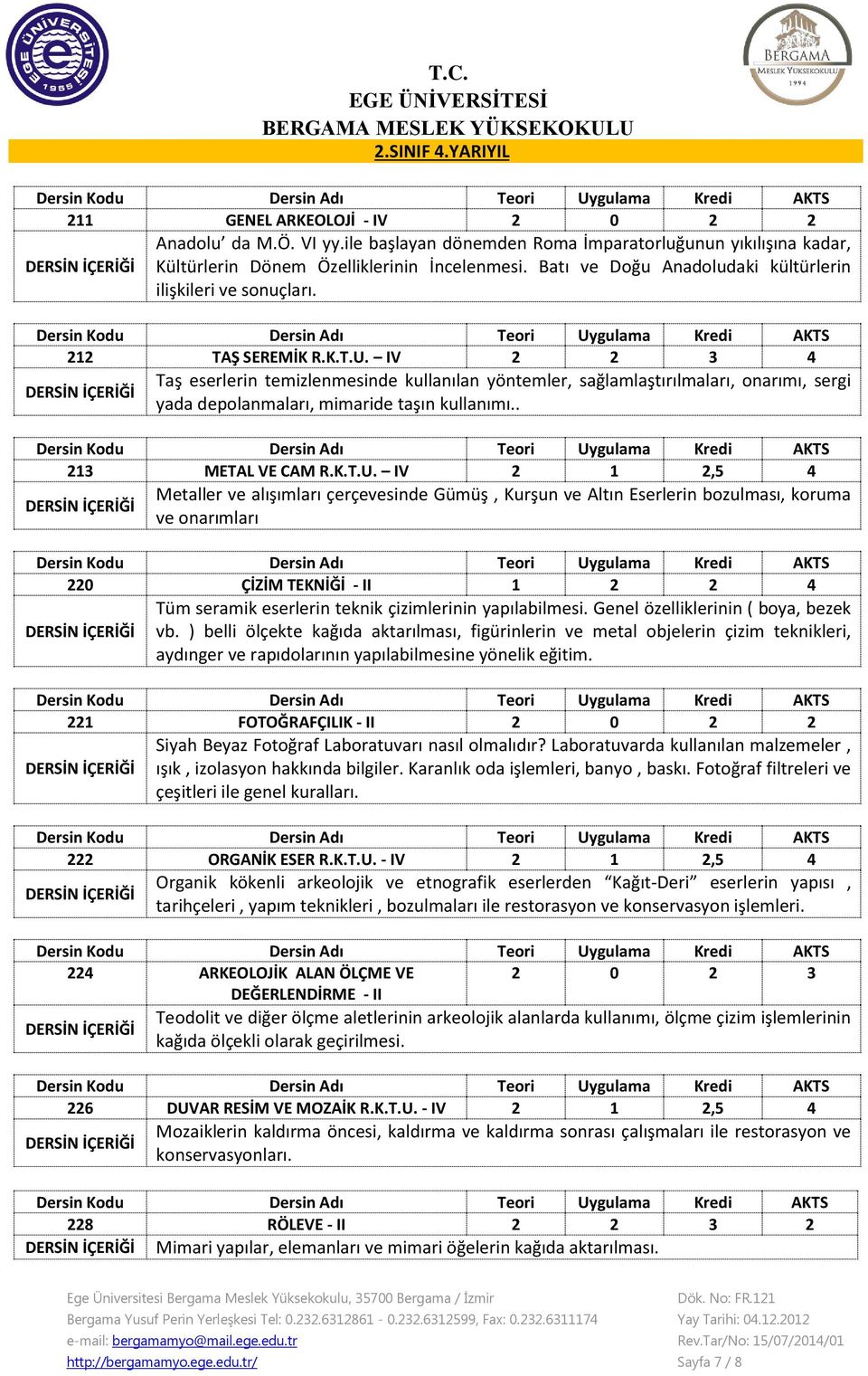 IV 2 2 3 4 Taş eserlerin temizlenmesinde kullanılan yöntemler, sağlamlaştırılmaları, onarımı, sergi yada depolanmaları, mimaride taşın kullanımı.. 213 METAL VE CAM R.K.T.U.