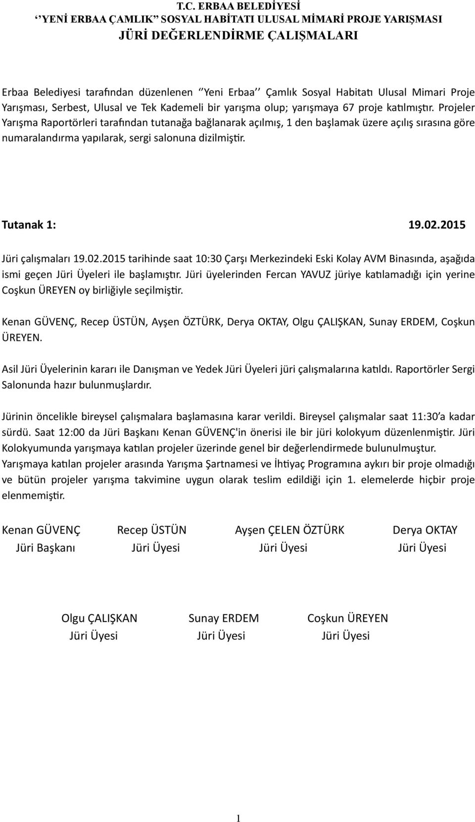 2015 Jüri çalışmaları 19.02.2015 tarihinde saat 10:30 Çarşı Merkezindeki Eski Kolay AVM Binasında, aşağıda ismi geçen Jüri Üyeleri ile başlamış<r.