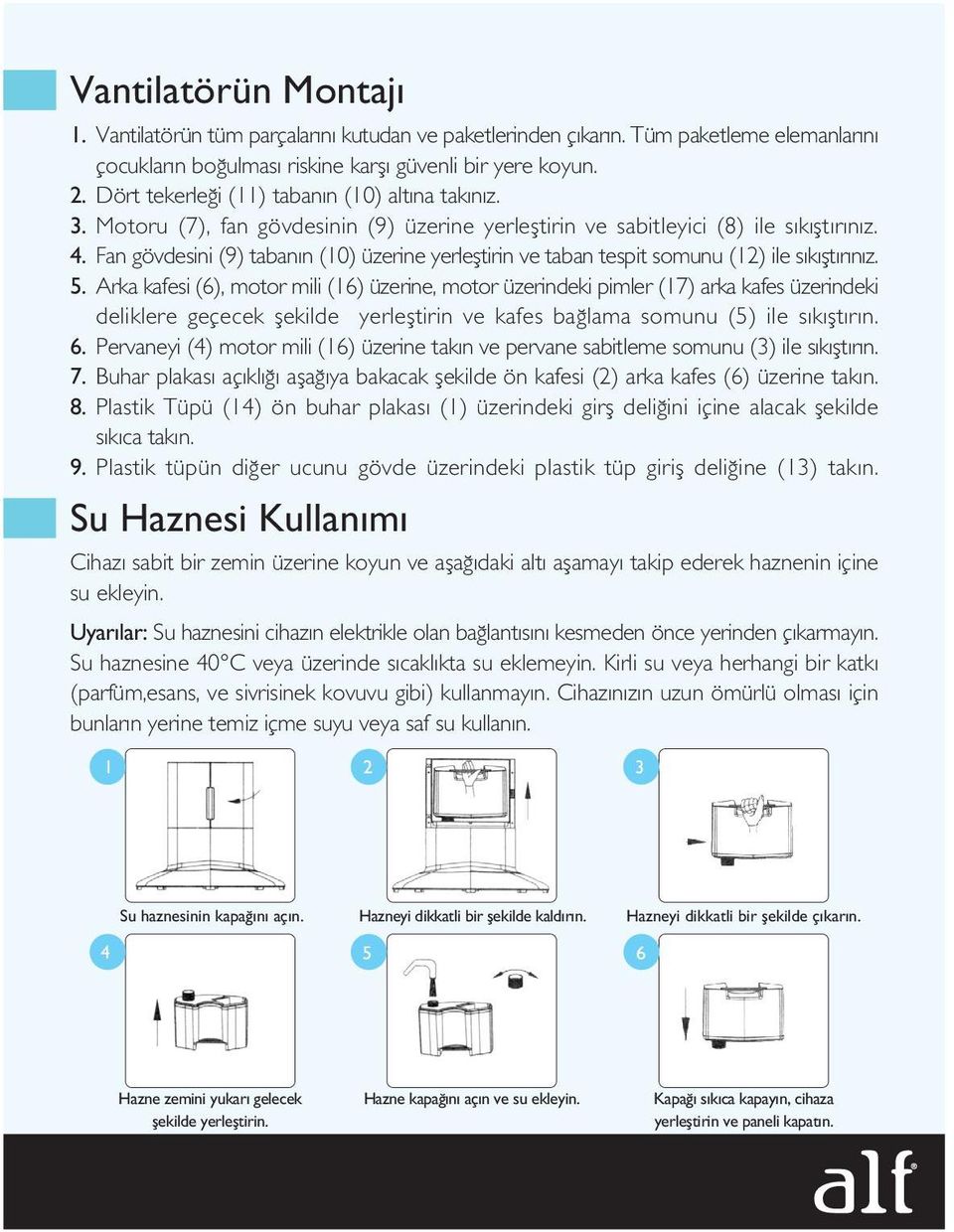 Fan gövdesini (9) taban n (10) üzerine yerlefltirin ve taban tespit somunu (12) ile s k flt r n z. 5.