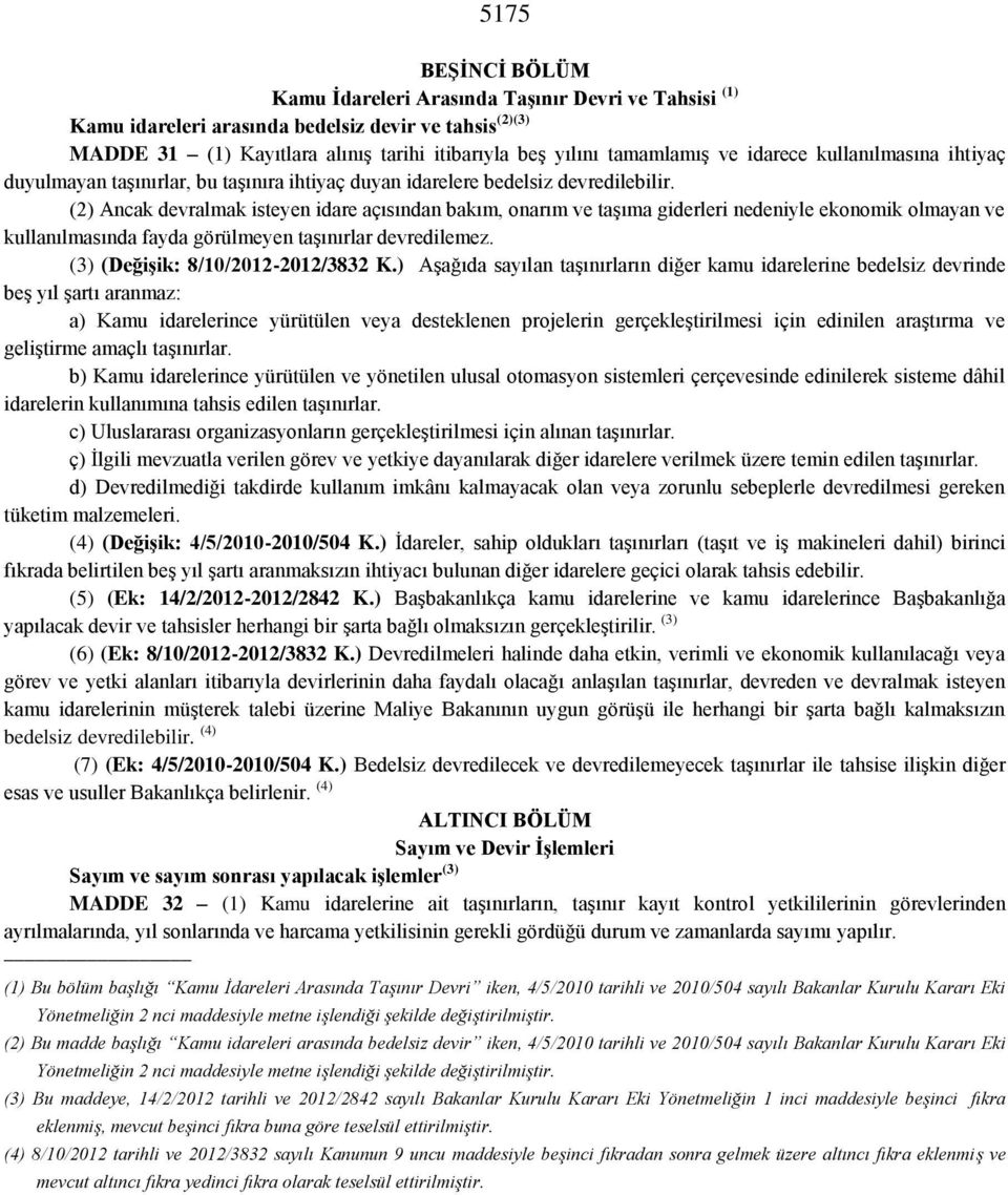 (2) Ancak devralmak isteyen idare açısından bakım, onarım ve taşıma giderleri nedeniyle ekonomik olmayan ve kullanılmasında fayda görülmeyen taşınırlar devredilemez.