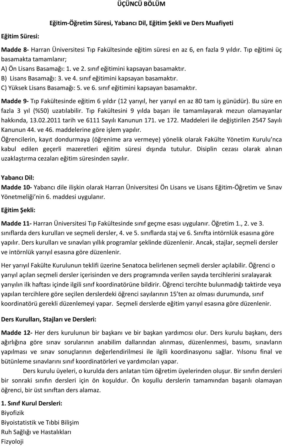 ve 6. sınıf eğitimini kapsayan basamaktır. Madde 9- Tıp Fakültesinde eğitim 6 yıldır (12 yarıyıl, her yarıyıl en az 80 tam iş günüdür). Bu süre en fazla 3 yıl (%50) uzatılabilir.