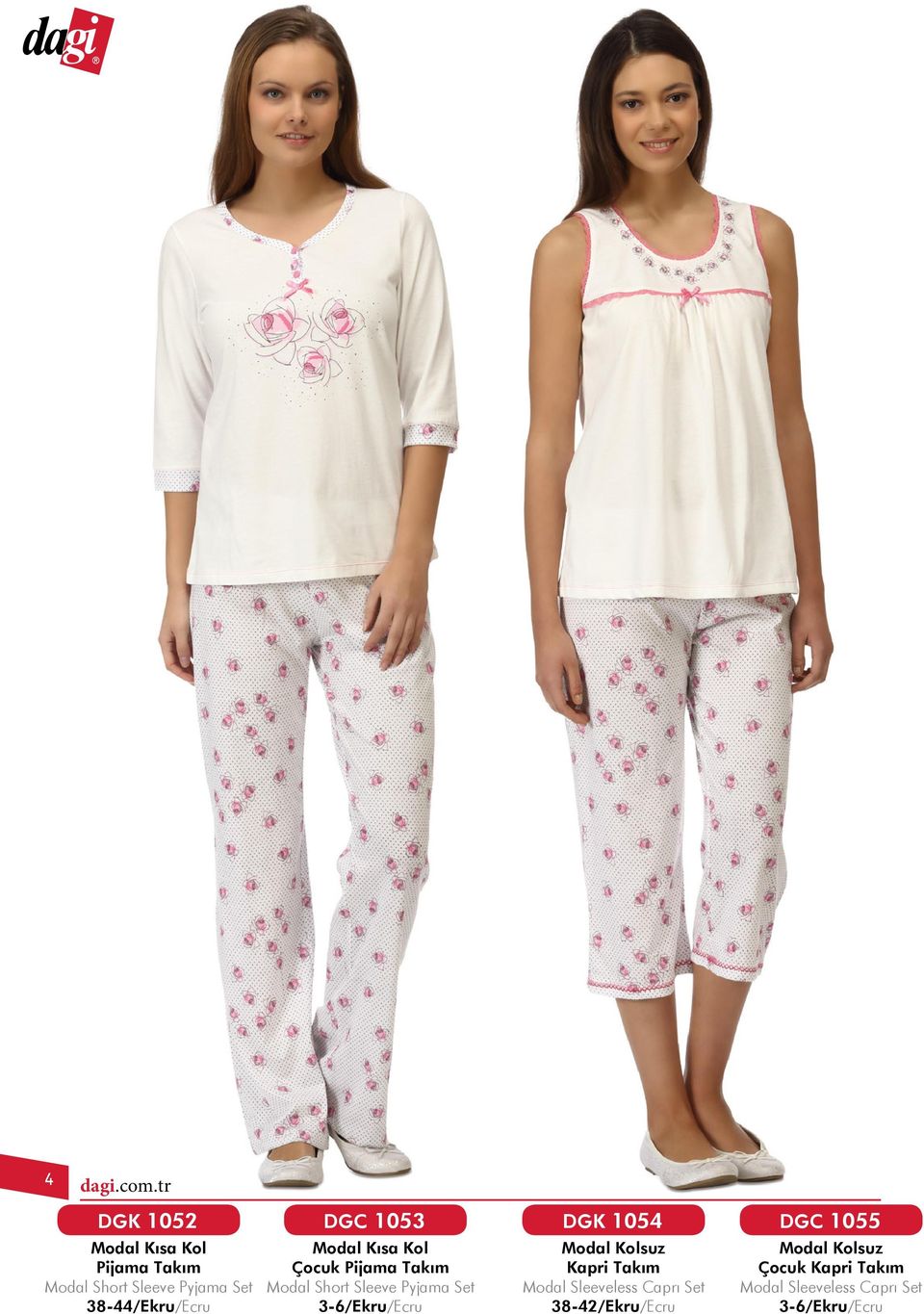 Pyjama Set 38-44/Ekru/Ecru Modal Kısa Kol Çocuk Pijama Takım Modal Short Sleeve