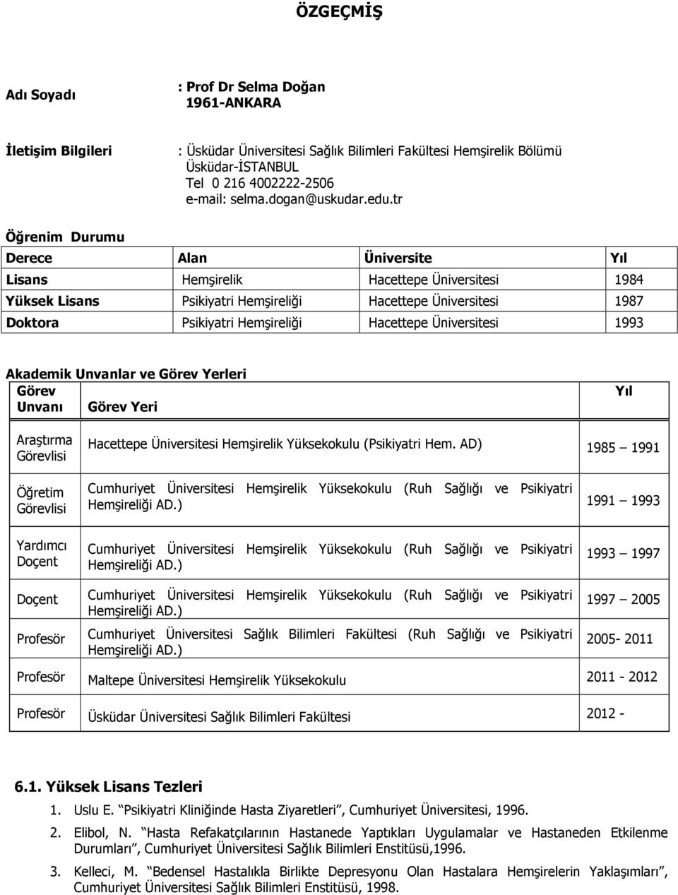 tr Öğrenim Durumu Derece Alan Üniversite Yıl Lisans Hemşirelik Hacettepe Üniversitesi 1984 Yüksek Lisans Psikiyatri Hemşireliği Hacettepe Üniversitesi 1987 Doktora Psikiyatri Hemşireliği Hacettepe