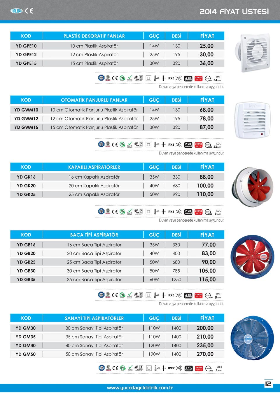 87,00 12 KAPAKLI ASPİRATÖRLER GÜÇ DEBİ YD GK16 16 cm Kapaklı Aspiratör 35W 330 88,00 YD GK cm Kapaklı Aspiratör 40W 680,00 YD GK cm Kapaklı Aspiratör W 990 1,00 8 BACA TİPİ ASPİRATÖR GÜÇ DEBİ YD GB16