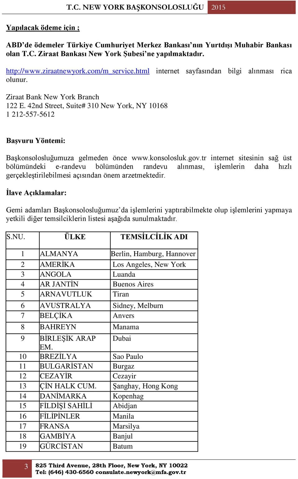 42nd Street, Suite# 310 New York, NY 10168 1 212-557-5612 Başvuru Yöntemi: Başkonsolosluğumuza gelmeden önce www.konsolosluk.gov.