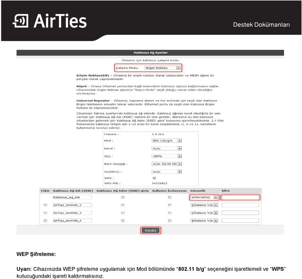 802.11 b/g seçeneğini işaretlemeli ve