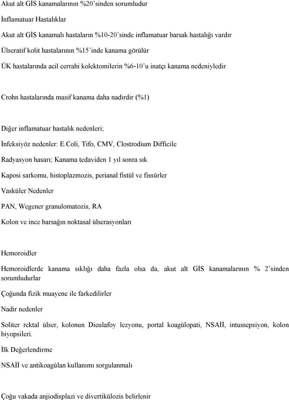 Coli, Tifo, CMV, Clostrodium Difficile Radyasyon hasarı; Kanama tedaviden 1 yıl sonra sık Kaposi sarkomu, histoplazmozis, perianal fistül ve fissürler Vasküler Nedenler PAN, Wegener granulomatozis,