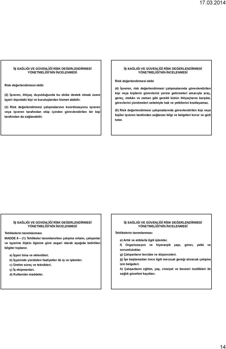 Risk değerlendirmesi ekibi (4) İşveren, risk değerlendirmesi çalışmalarında görevlendirilen kişi veya kişilerin görevlerini yerine getirmeleri amacıyla araç, gereç, mekân ve zaman gibi gerekli bütün