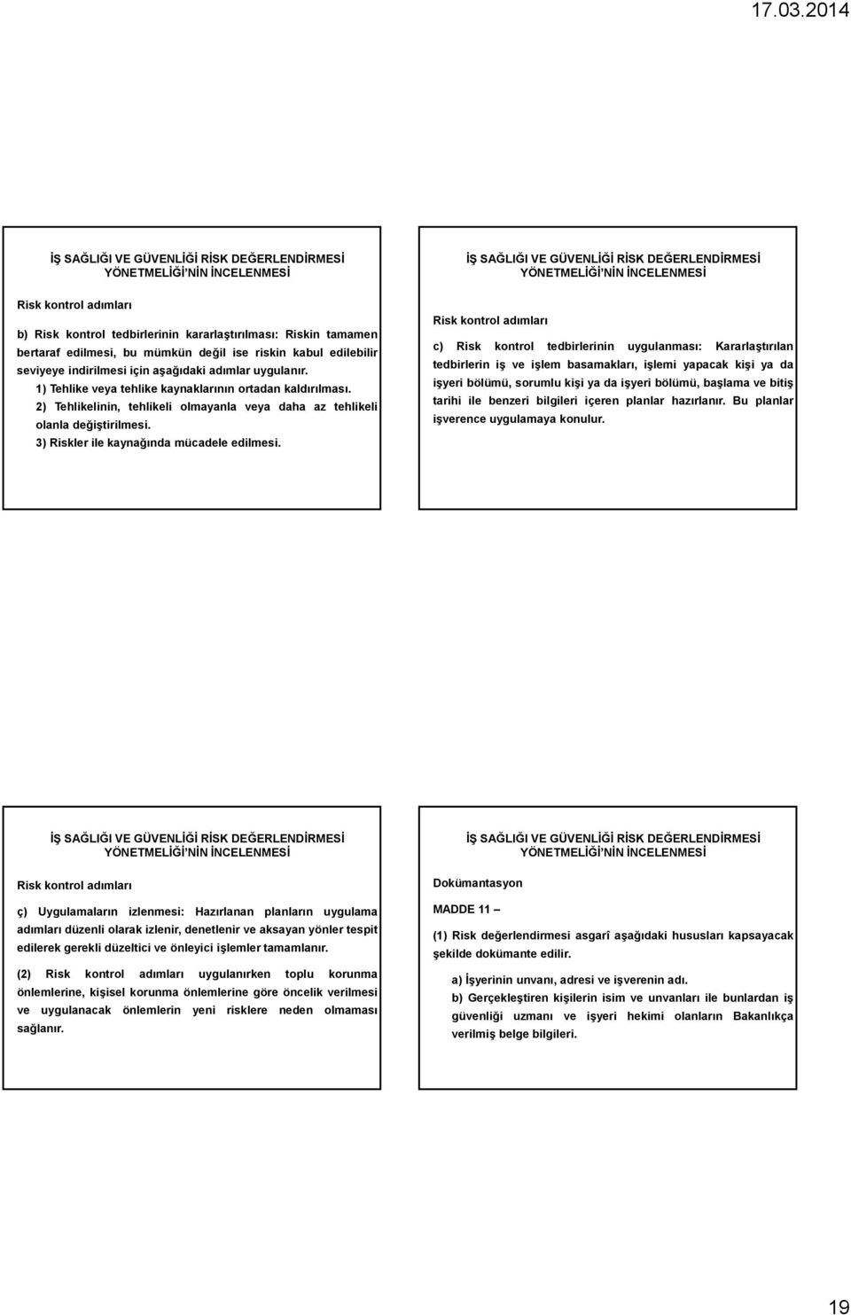 Risk kontrol adımları c) Risk kontrol tedbirlerinin uygulanması: Kararlaştırılan tedbirlerin iş ve işlem basamakları, işlemi yapacak kişi ya da işyeri bölümü, sorumlu kişi yadaişyeri bölümü, başlama