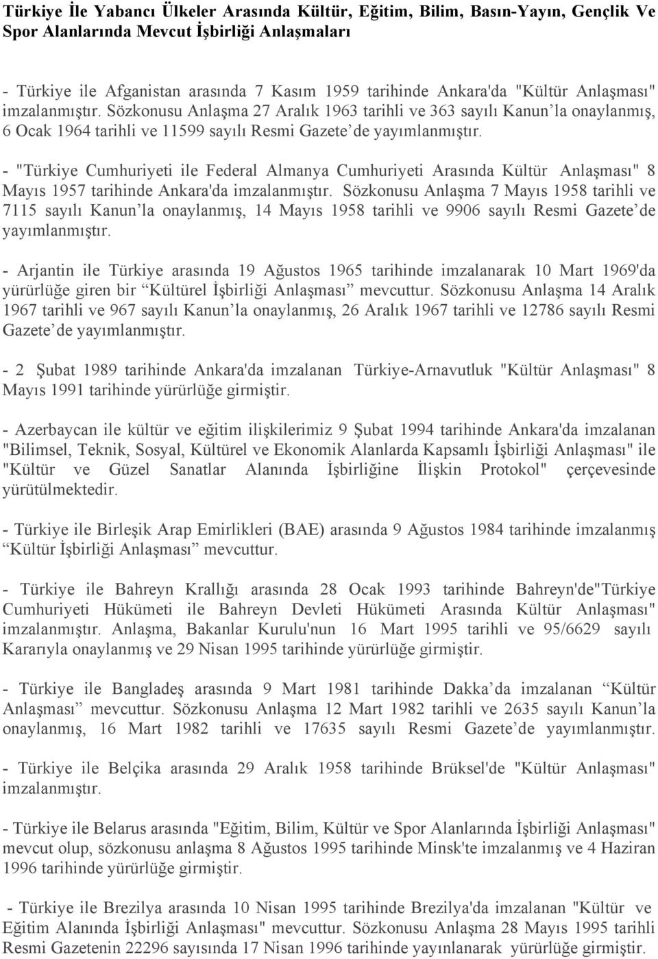 Arasında Kültür Anlaşması" 8 Mayıs 1957 tarihinde Ankara'da Sözkonusu Anlaşma 7 Mayıs 1958 tarihli ve 7115 sayılı Kanun la onaylanmış, 14 Mayıs 1958 tarihli ve 9906 sayılı Resmi Gazete de