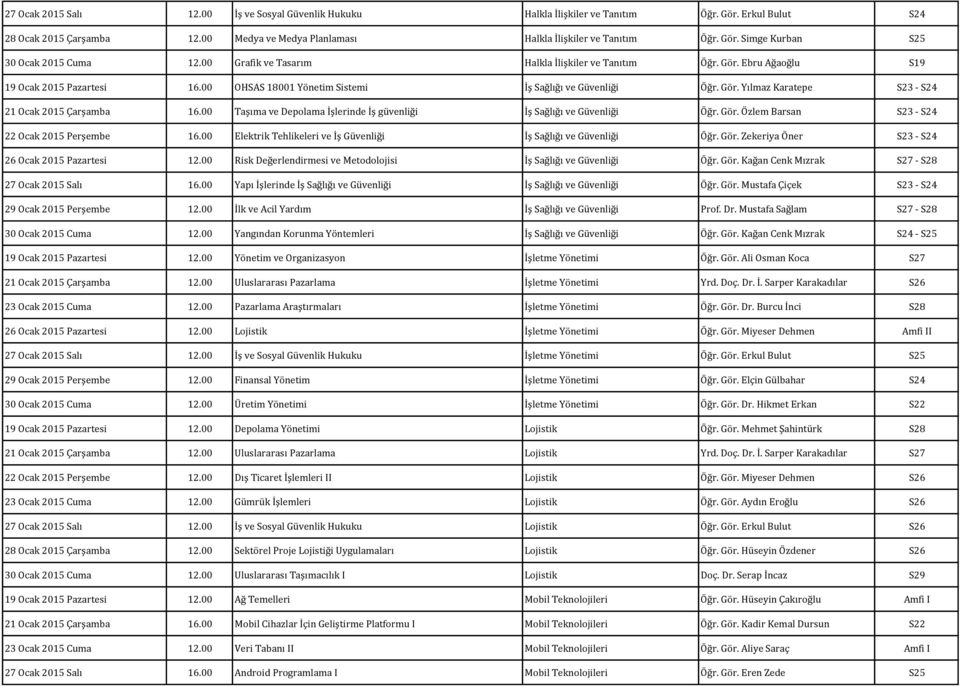 00 Taşıma ve Depolama İşlerinde İş güvenliği İş Sağlığı ve Güvenliği Öğr. Gör. Özlem Barsan S23 - S24 22 Ocak 2015 Perşembe 16.00 Elektrik Tehlikeleri ve İş Güvenliği İş Sağlığı ve Güvenliği Öğr. Gör. Zekeriya Öner S23 - S24 26 Ocak 2015 Pazartesi 12.