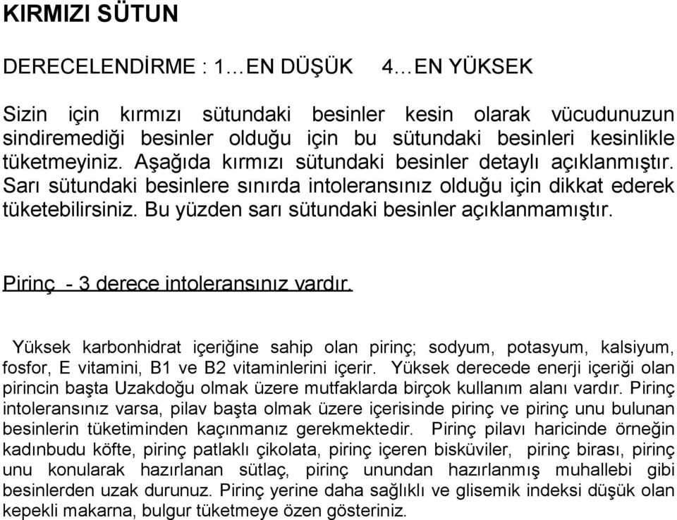 Pirinç - 3 derece intoleransınız vardır Yüksek karbonhidrat içeriğine sahip olan pirinç; sodyum, potasyum, kalsiyum, fosfor, E vitamini, B1 ve B2 vitaminlerini içerir Yüksek derecede enerji içeriği