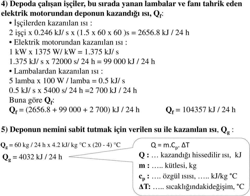 375 kj/ s x 72000 s/ 24 h = 99 000 kj / 24 h Lambalardan kazanılan ısı : 5 lamba x 100 W / lamba = 0.5 kj/ s 0.5 kj/ s x 5400 s/ 24 h =2 700 kj / 24 h Buna göre Q f : Q f = (2656.