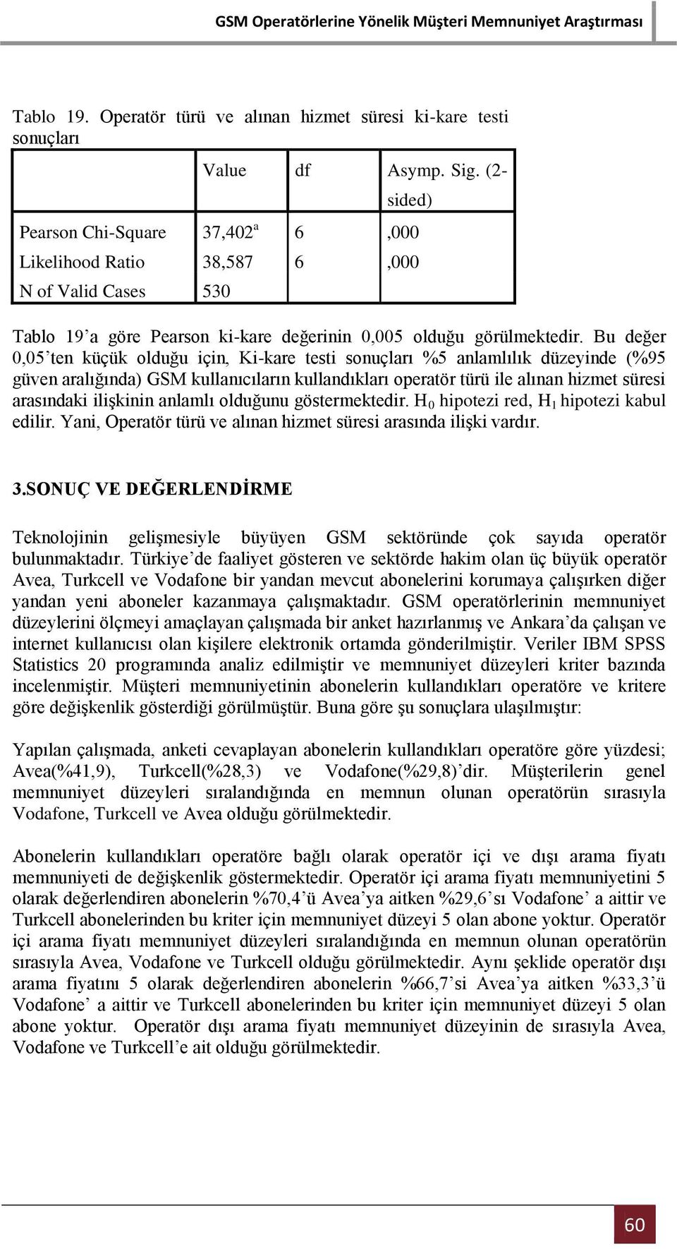 Bu değer 0,05 ten küçük olduğu için, Ki-kare testi sonuçları %5 anlamlılık düzeyinde (%95 güven aralığında) GSM kullanıcıların kullandıkları operatör türü ile alınan hizmet süresi arasındaki