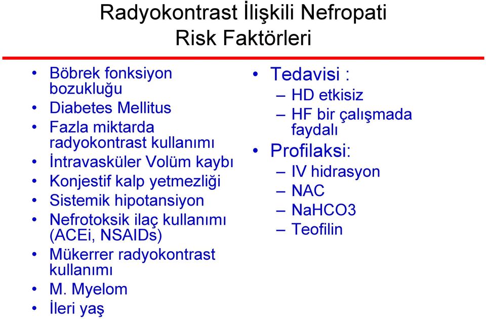 Sistemik hipotansiyon Nefrotoksik ilaç kullanımı (ACEi, NSAIDs) Mükerrer radyokontrast kullanımı M.