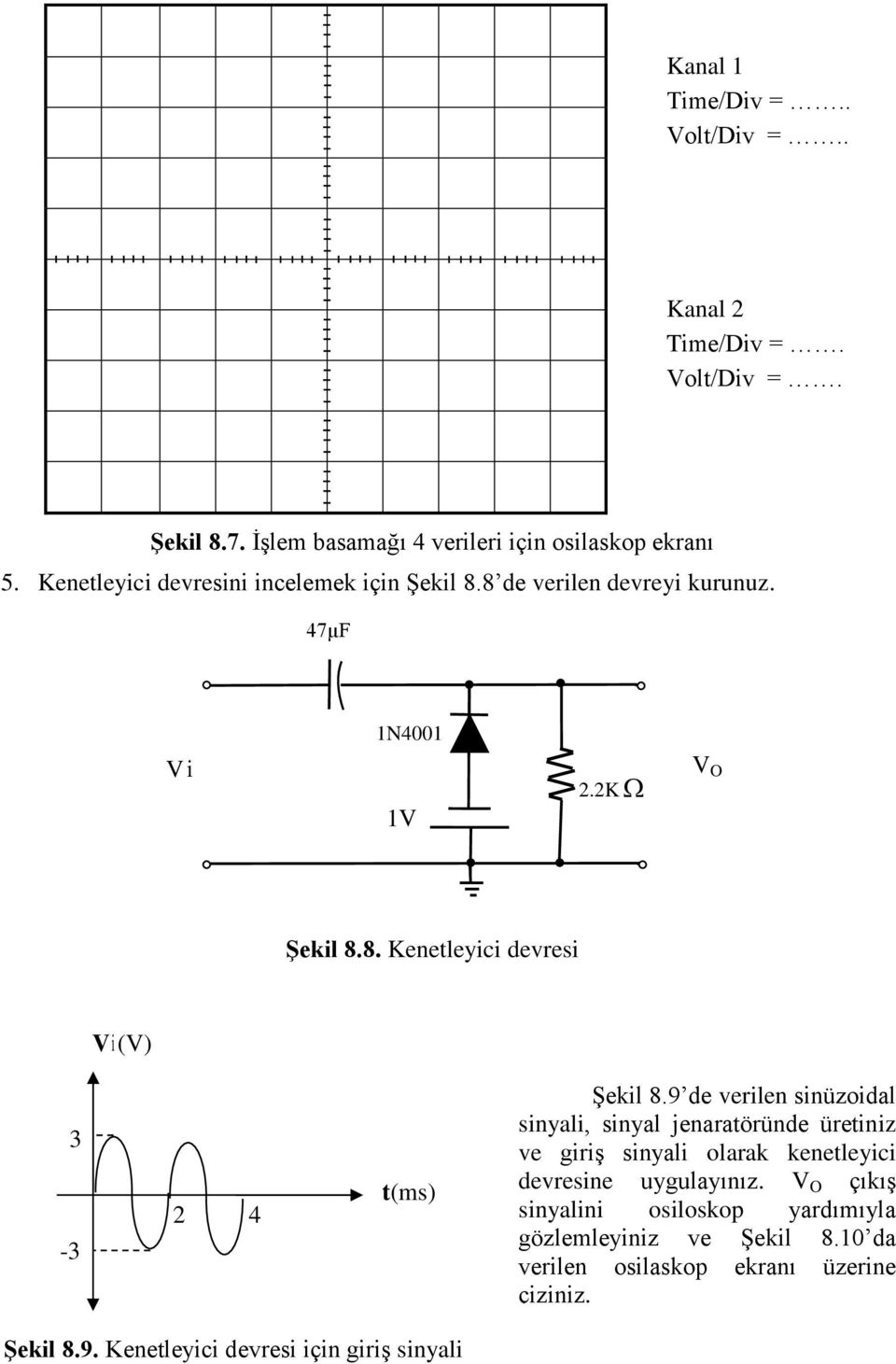 9 de verilen sinüzoidal sinyali, sinyal jenaratöründe üretiniz ve giriş sinyali olarak kenetleyici devresine uygulayınız.