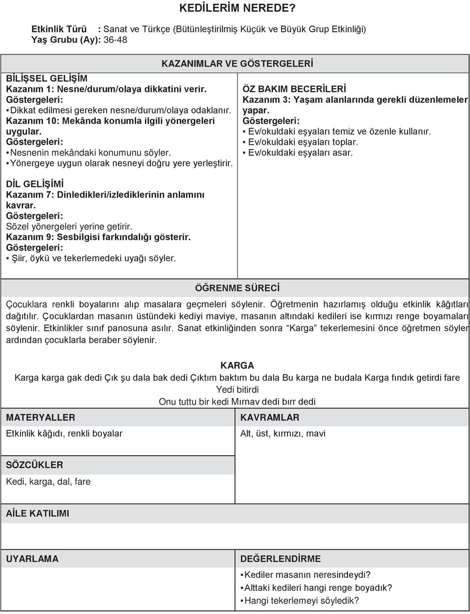 DİL GELİŞİMİ Kazanım 7: Dinledikleri/izlediklerinin anlamını kavrar. Sözel yönergeleri yerine getirir. Kazanım 9: Sesbilgisi farkındalığı gösterir. Şiir, öykü ve tekerlemedeki uyağı söyler.