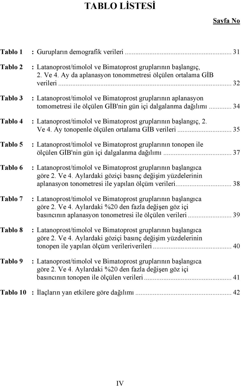 .. 34 Tablo 4 : Latanoprost/timolol ve Bimatoprost gruplarının başlangıç, 2. Ve 4. Ay tonopenle ölçülen ortalama GİB verileri.