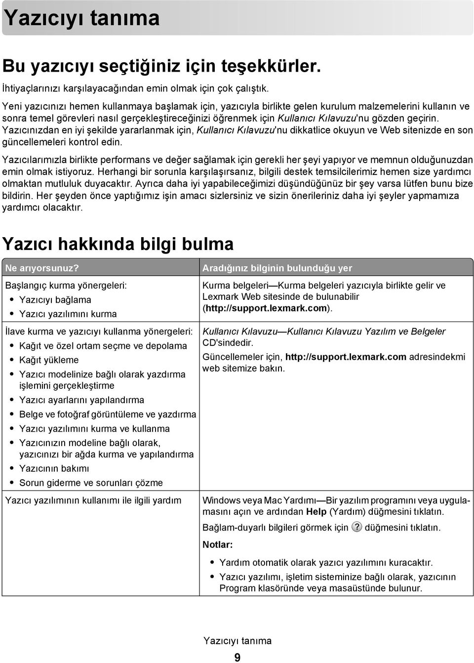 geçirin. Yazıcınızdan en iyi şekilde yararlanmak için, Kullanıcı Kılavuzu'nu dikkatlice okuyun ve Web sitenizde en son güncellemeleri kontrol edin.