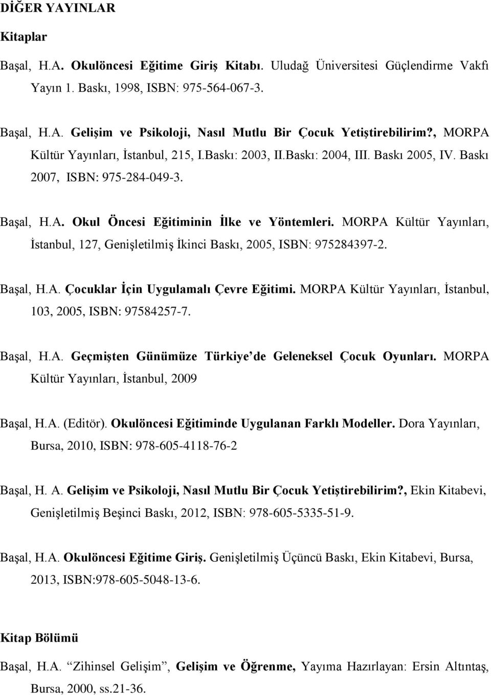 MORPA Kültür Yayınları, İstanbul, 127, Genişletilmiş İkinci Baskı, 2005, ISBN: 975284397-2. Başal, H.A. Çocuklar İçin Uygulamalı Çevre Eğitimi.