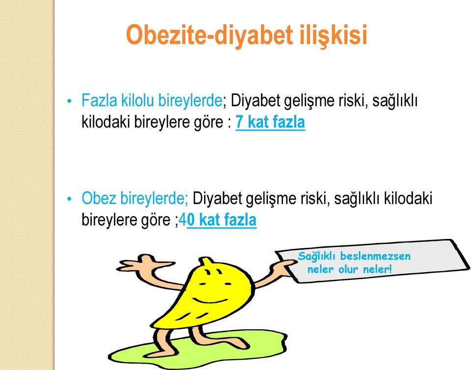 Obez bireylerde; Diyabet gelişme riski, sağlıklı kilodaki