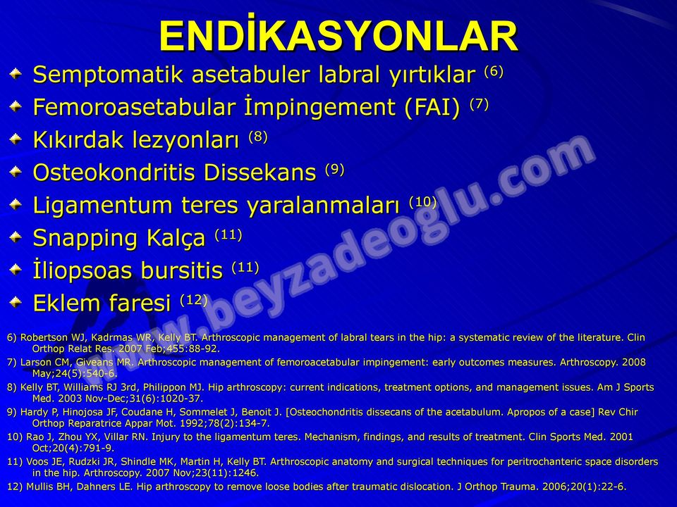 Clin Orthop Relat Res. 2007 Feb;455:88-92. 7) Larson CM, Giveans MR. Arthroscopic management of femoroacetabular impingement: early outcomes measures. Arthroscopy. 2008 May;24(5):540-6.