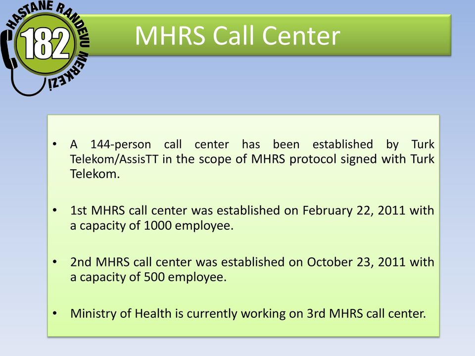 1st MHRS call center was established on February 22, 2011 with a capacity of 1000 employee.