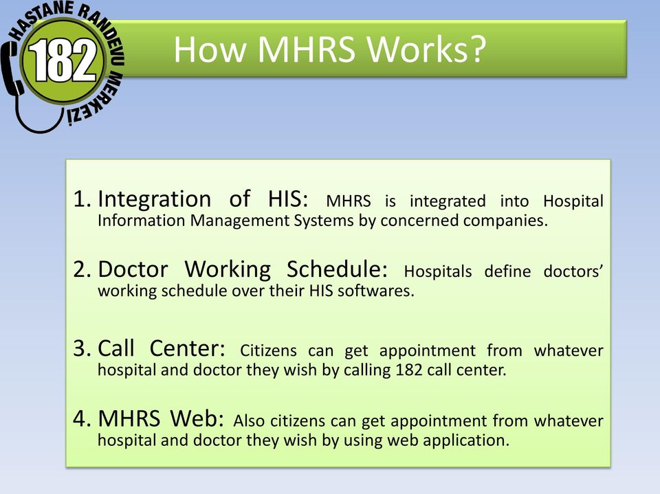 Doctor Working Schedule: Hospitals define doctors working schedule over their HIS softwares. 3.