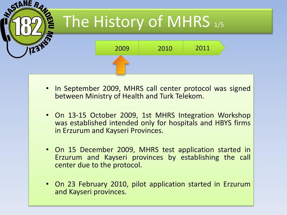 On 13-15 October 2009, 1st MHRS Integration Workshop was established intended only for hospitals and HBYS firms in Erzurum