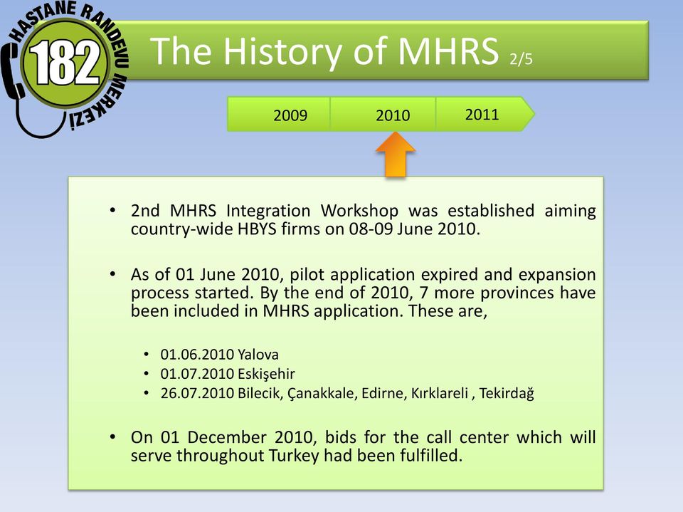 By the end of 2010, 7 more provinces have been included in MHRS application. These are, 01.06.2010 Yalova 01.07.