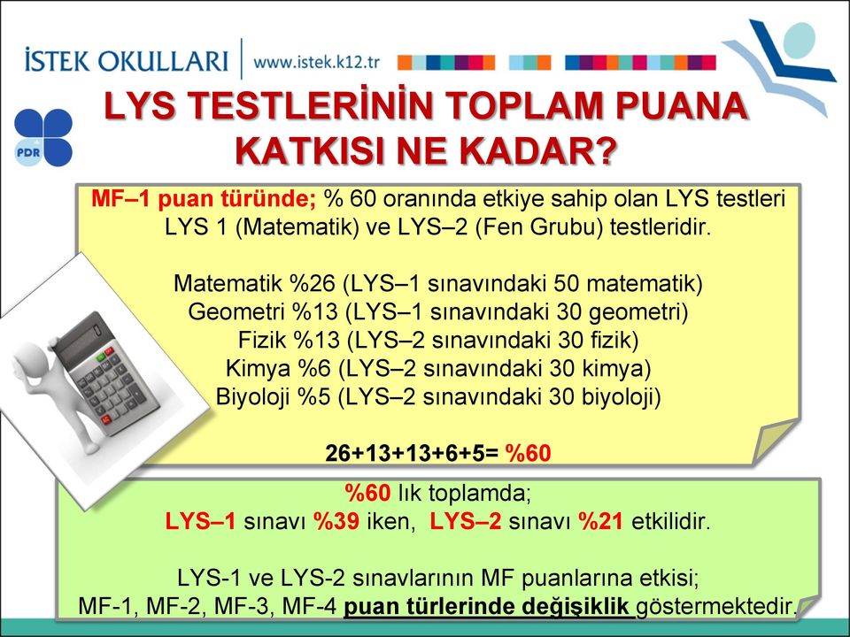 Matematik %26 (LYS 1 sınavındaki 50 matematik) Geometri %13 (LYS 1 sınavındaki 30 geometri) Fizik %13 (LYS 2 sınavındaki 30 fizik) Kimya %6 (LYS