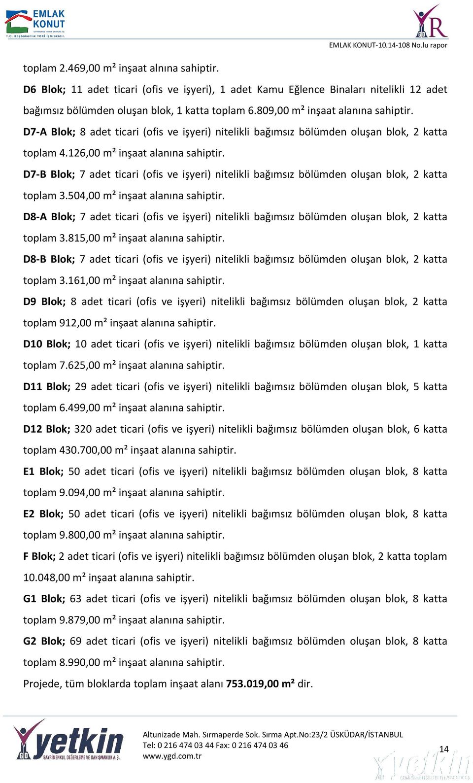 D7-B Blok; 7 adet ticari (ofis ve işyeri) nitelikli bağımsız bölümden oluşan blok, 2 katta toplam 3.504,00 m² inşaat alanına sahiptir.