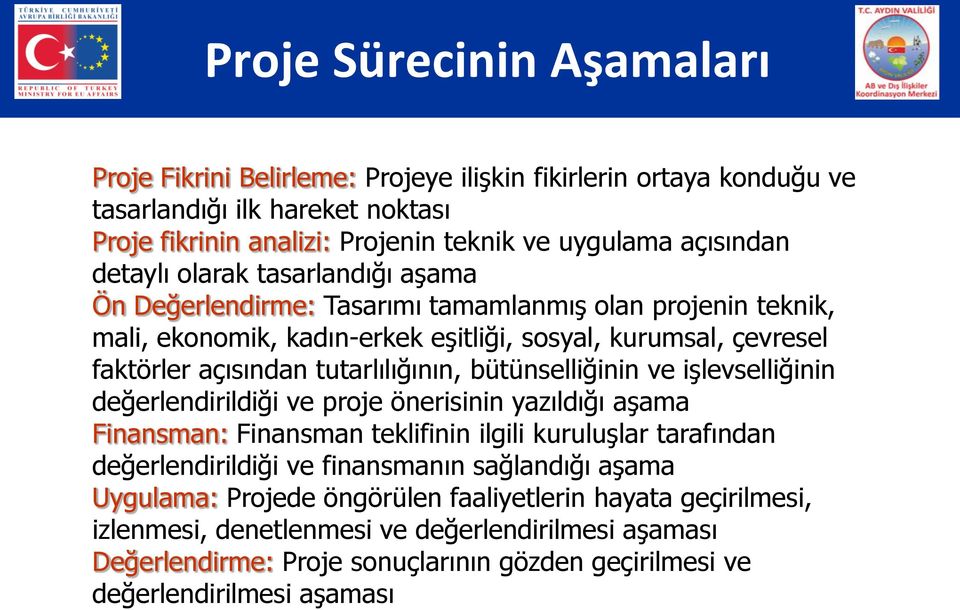 tutarlılığının, bütünselliğinin ve işlevselliğinin değerlendirildiği ve proje önerisinin yazıldığı aşama Finansman: Finansman teklifinin ilgili kuruluşlar tarafından değerlendirildiği ve finansmanın