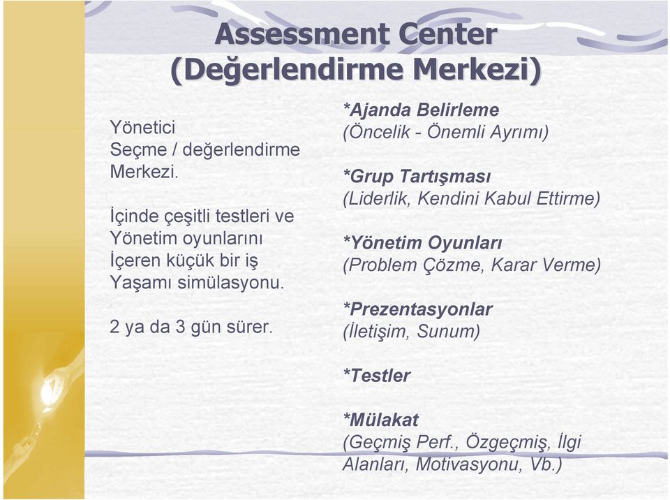 *Ajanda Belirleme (Öncelik - Önemli Ayrımı) *Grup Tartışması (Liderlik, Kendini Kabul Ettirme) *Yönetim Oyunları