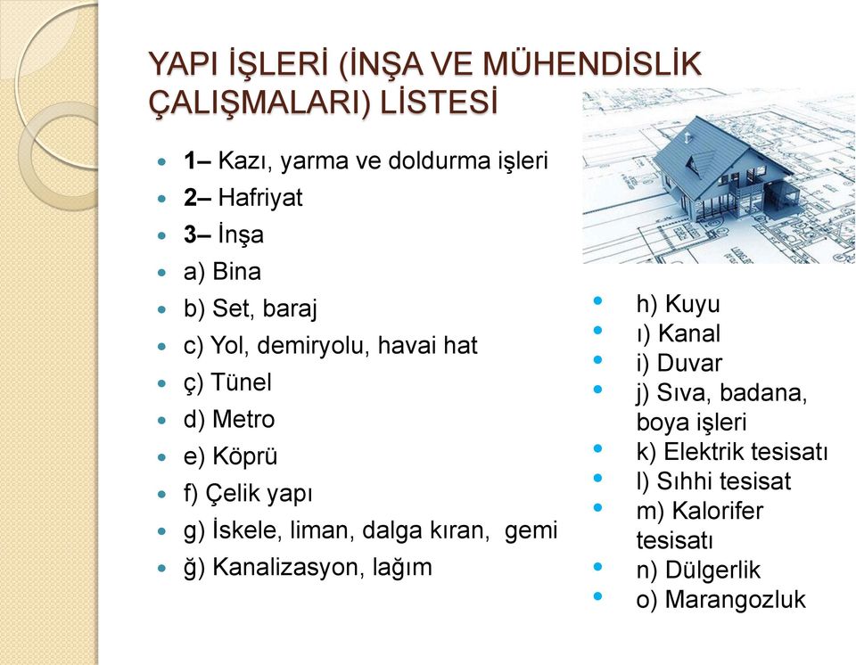 İskele, liman, dalga kıran, gemi ğ) Kanalizasyon, lağım h) Kuyu ı) Kanal i) Duvar j) Sıva, badana,