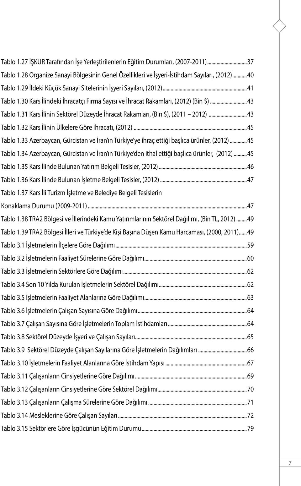 31 Kars İlinin Sektörel Düzeyde İhracat Rakamları, (Bin $), (2011 2012)...43 Tablo 1.32 Kars İlinin Ülkelere Göre İhracatı, (2012)...45 Tablo 1.