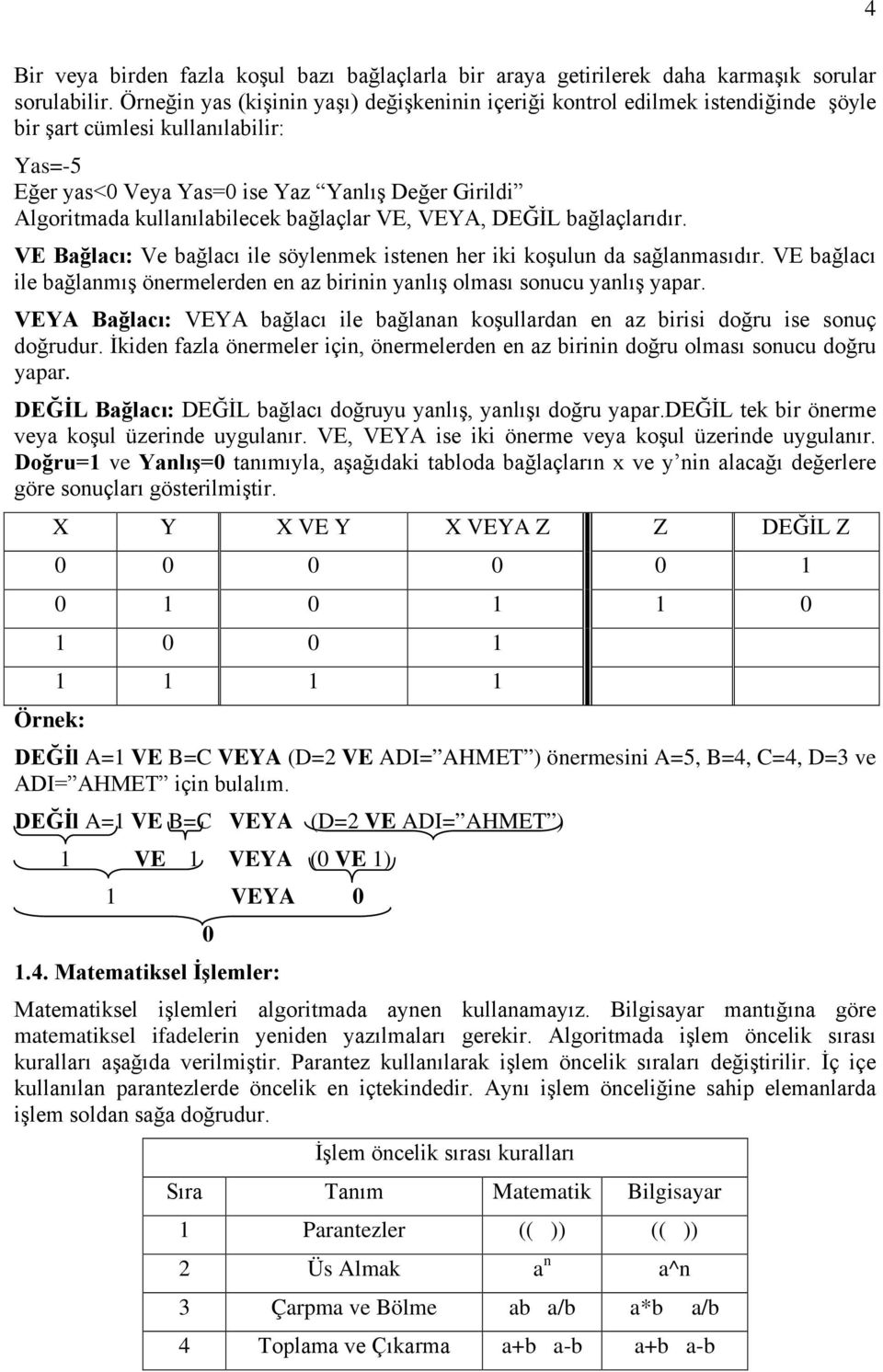 kullanılabilecek bağlaçlar VE, VEYA, DEĞİL bağlaçlarıdır. VE Bağlacı: Ve bağlacı ile söylenmek istenen her iki koşulun da sağlanmasıdır.