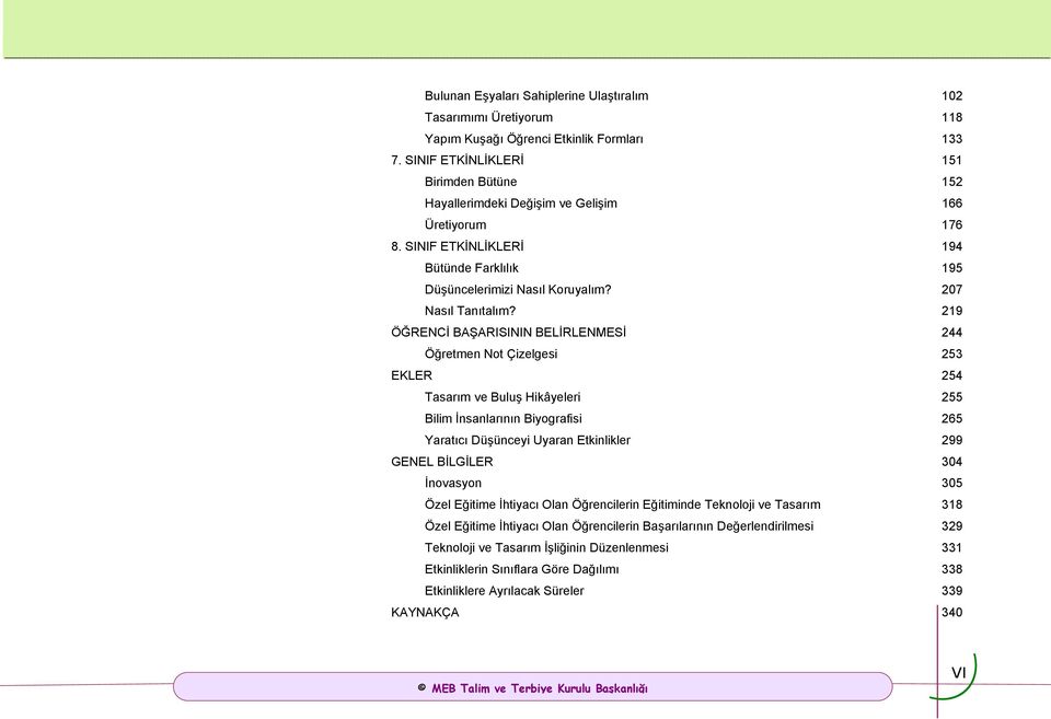 219 ÖĞRENCİ BAŞARISININ BELİRLENMESİ 244 Öğretmen Not Çizelgesi 253 EKLER 254 Tasarım ve Buluş Hikâyeleri 255 Bilim İnsanlarının Biyografisi 265 Yaratıcı Düşünceyi Uyaran Etkinlikler 299 GENEL