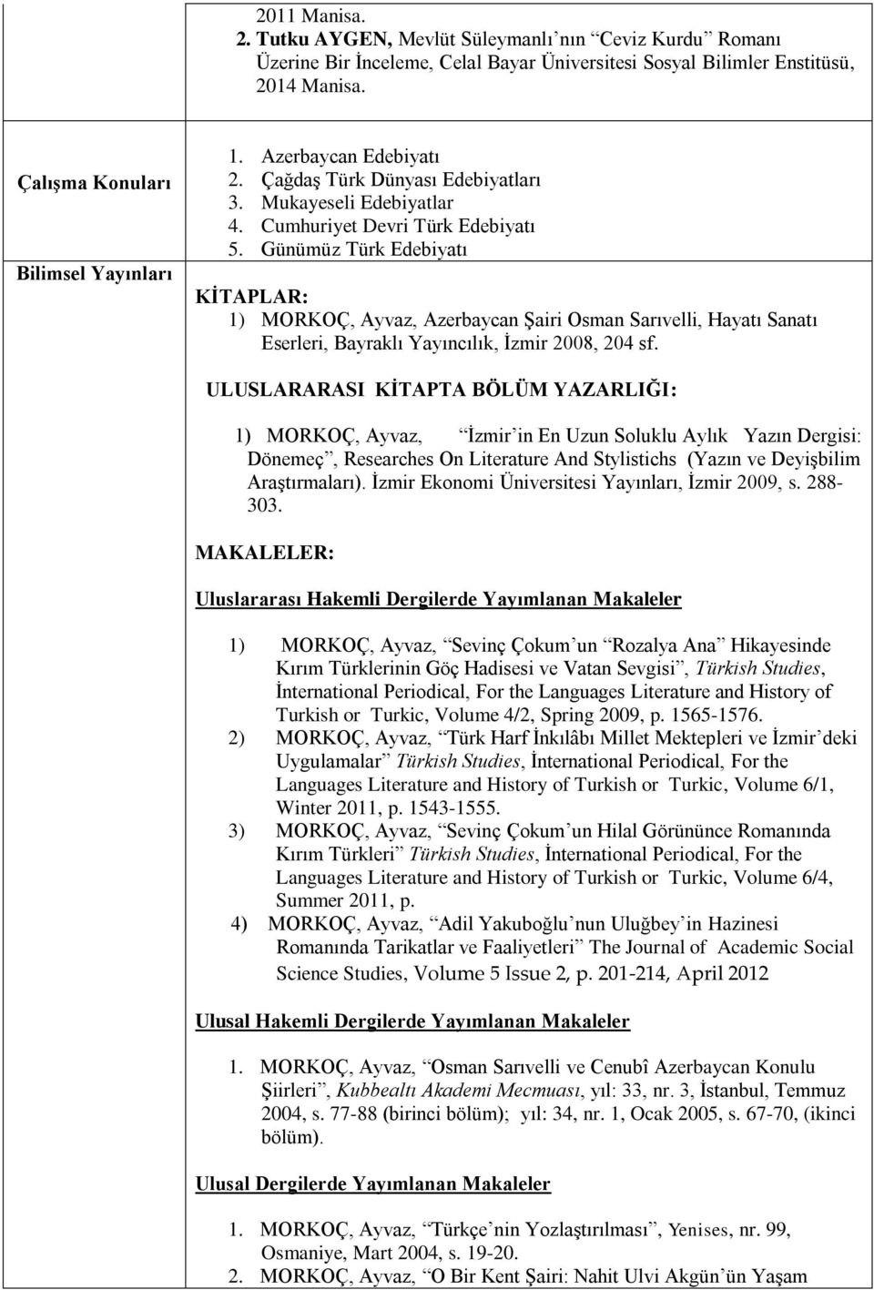 Günümüz Türk Edebiyatı KİTAPLAR: 1) MORKOÇ, Ayvaz, Azerbaycan Şairi Osman Sarıvelli, Hayatı Sanatı Eserleri, Bayraklı Yayıncılık, İzmir 2008, 204 sf.