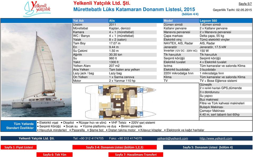 Manevra pervanesi WC / Banyo 4 + 1 (mürettebat) Çapa markası Delta çapa, 55 kg Yatak 8 + 2 (salon) Elektrikli vinç Tümü elektrikli vinçler Tam Boy 17.07 m NAVTEX, AIS, Radar AIS, Radar En 9.