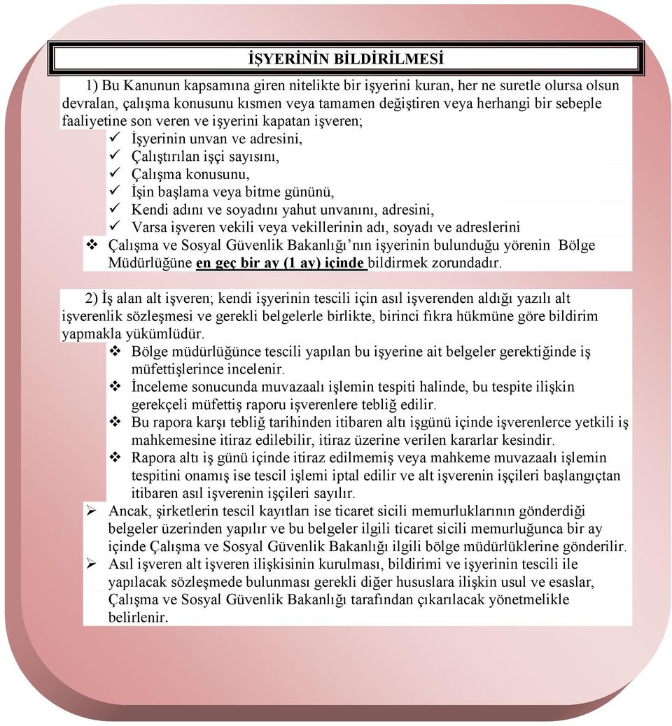 adresini, Varsa işveren vekili veya vekillerinin adı, soyadı ve adreslerini Çalışma ve Sosyal Güvenlik Bakanlığı nın işyerinin bulunduğu yörenin Bölge Müdürlüğüne en geç bir ay (1 ay) içinde