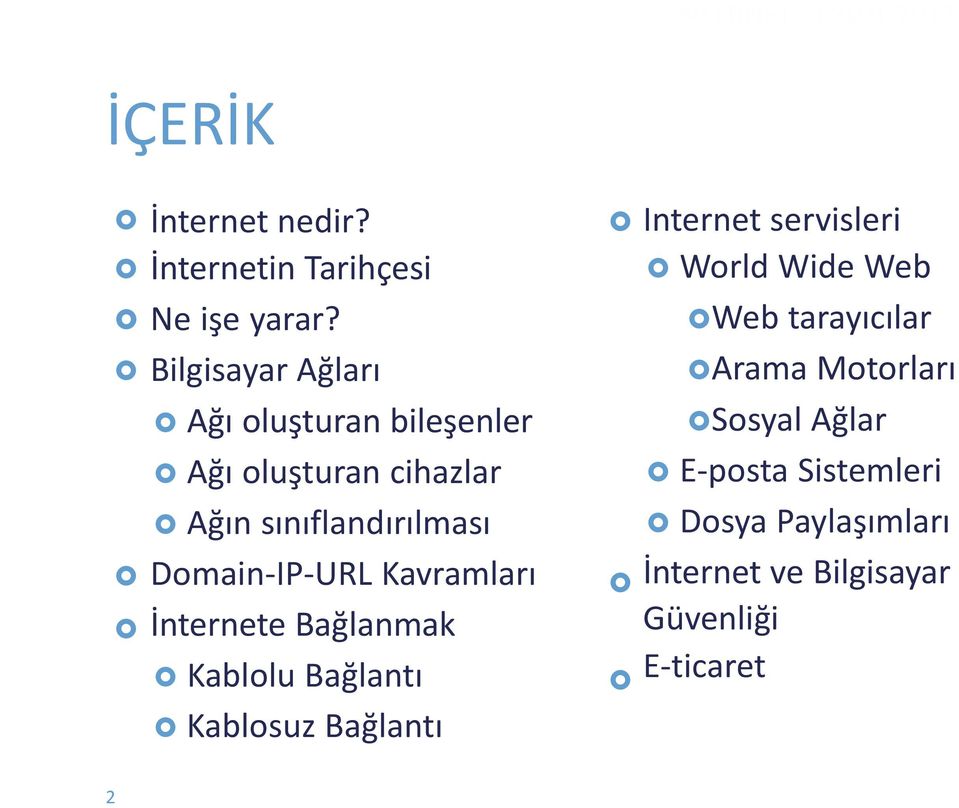 Domain-IP-URL Kavramları İnternete Bağlanmak Kablolu Bağlantı Kablosuz Bağlantı Internet