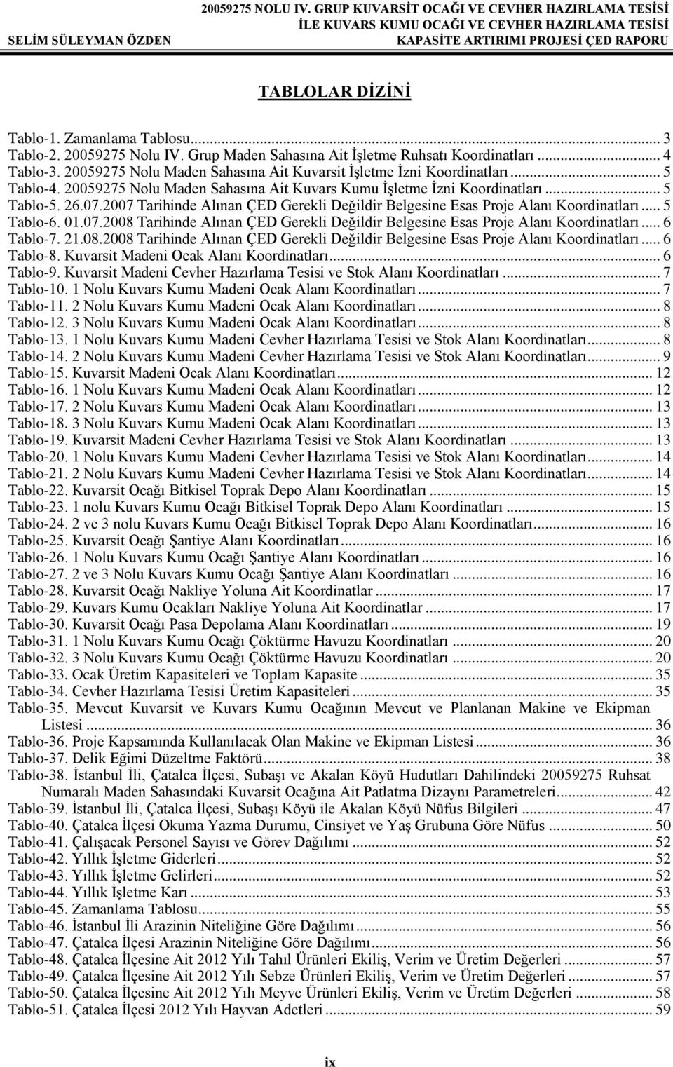 2007 Tarihinde Alınan ÇED Gerekli Değildir Belgesine Esas Proje Alanı Koordinatları... 5 Tablo-6. 01.07.2008 Tarihinde Alınan ÇED Gerekli Değildir Belgesine Esas Proje Alanı Koordinatları... 6 Tablo-7.