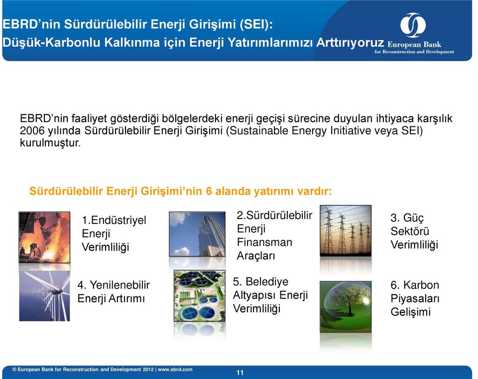 SEI) kurulmuştur. Sürdürülebilir Enerji Girişimi nin 6 alanda yatırımı vardır: 1.Endüstriyel Enerji Verimliliği 4.